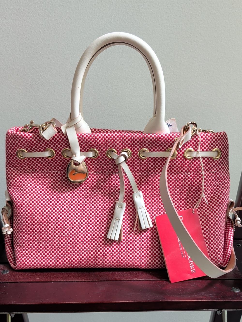 Dooney & Bourke Red and White Woven Satchel with Gold Hardware